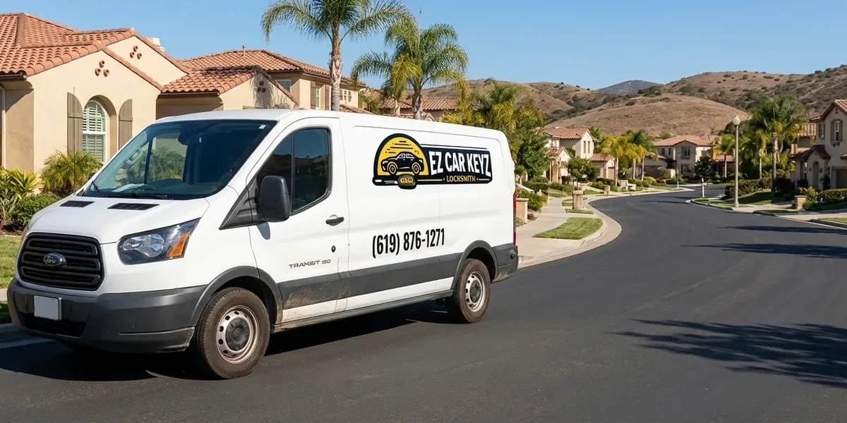 EZ Car Keyz mobile auto locksmith van driving through Rancho Bernardo, California