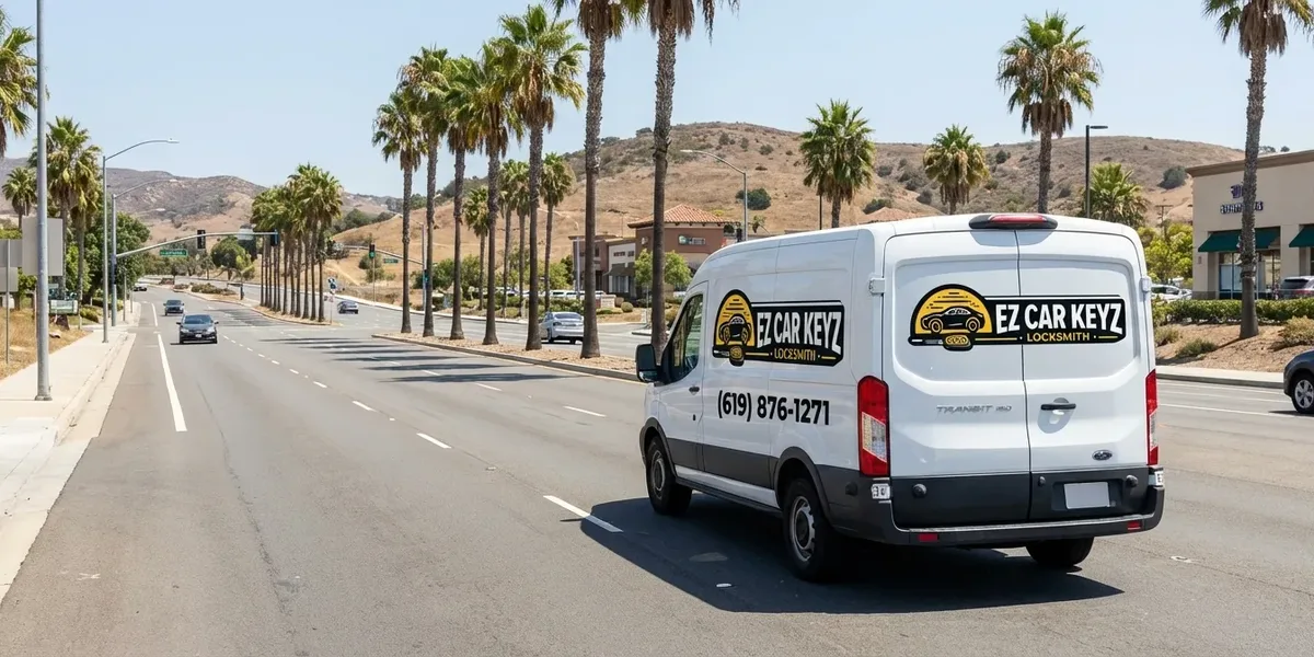 EZ Car Keyz mobile auto locksmith van driving through San Marcos, California