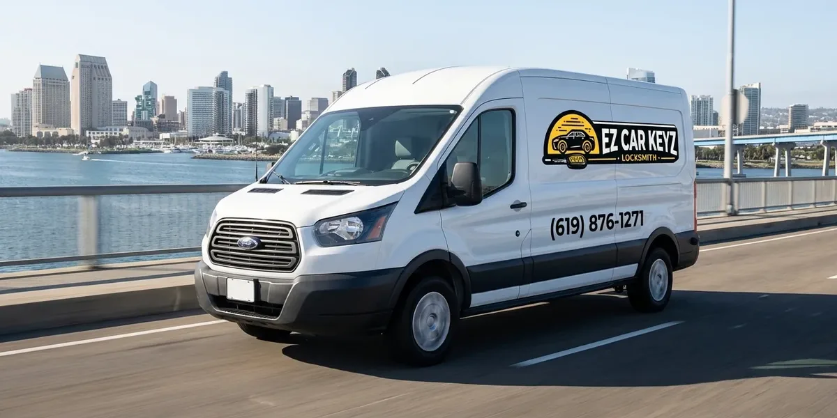 EZ Car Keyz mobile auto locksmith van driving through San Diego, California