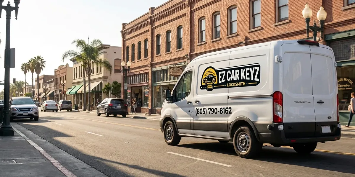 EZ Car Keyz mobile auto locksmith van driving through Santa Paula, California