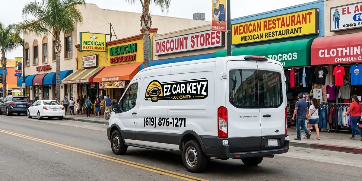 EZ Car Keyz mobile auto locksmith van driving through San Ysidro, California