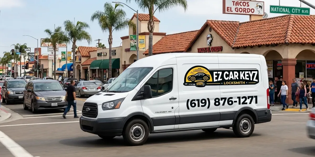 EZ Car Keyz mobile auto locksmith van driving through National City, California