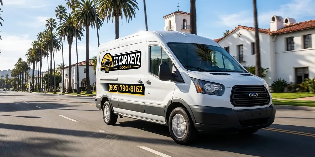 EZ Car Keyz mobile auto locksmith van driving through Santa Barbara, California