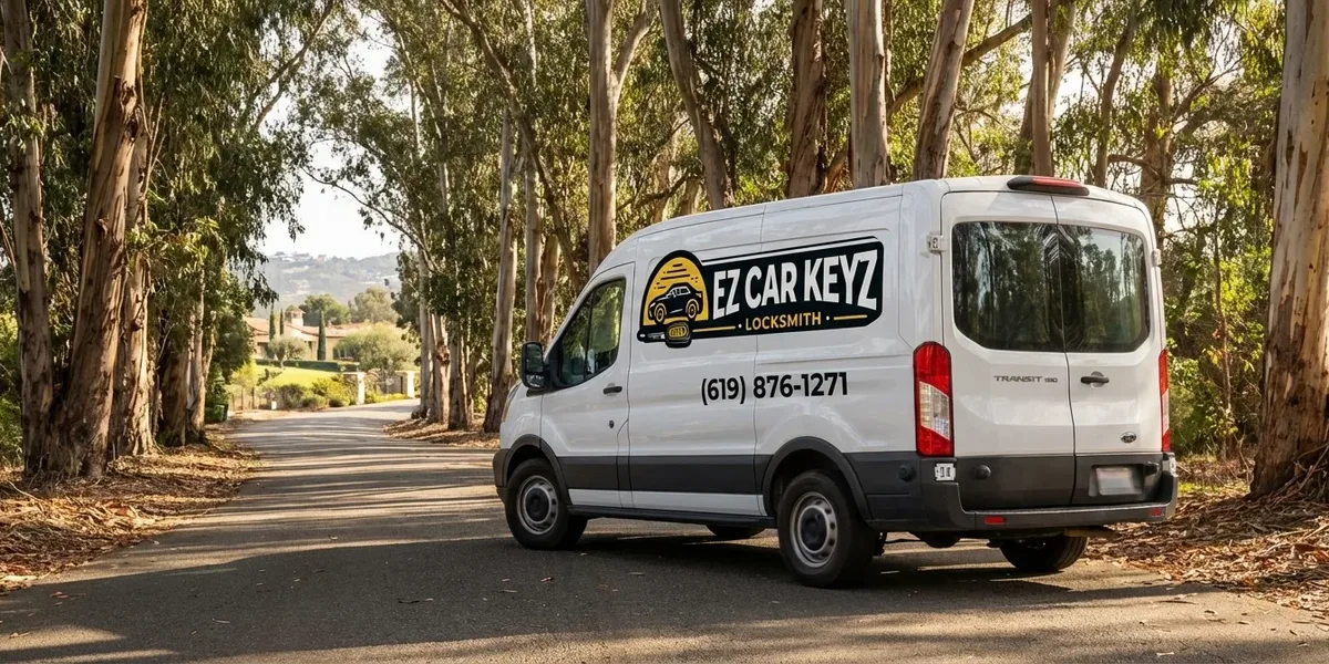 Mobile Auto Locksmith On the Road in Rancho Santa Fe, California EZ Car Keyz mobile auto locksmith van driving through Rancho Santa Fe, California