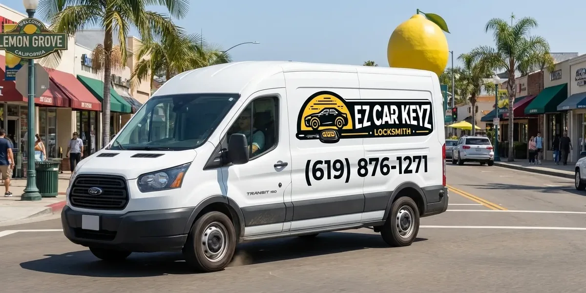 Mobile Auto Locksmith On the Road in Lemon Grove, California EZ Car Keyz mobile auto locksmith van driving through Lemon Grove, California