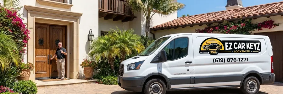 Customer thumbs up at front door after auto key service in Rancho Santa Fe