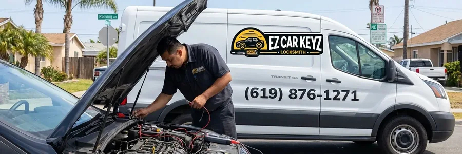 Automotive locksmith working at car hood in National City