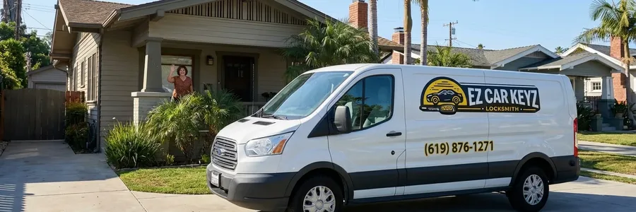 Customer waving from porch after at-home auto locksmith service in San Diego