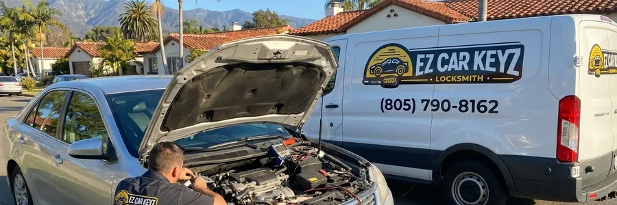 Automotive locksmith technician working at car hood on Santa Barbara residential street