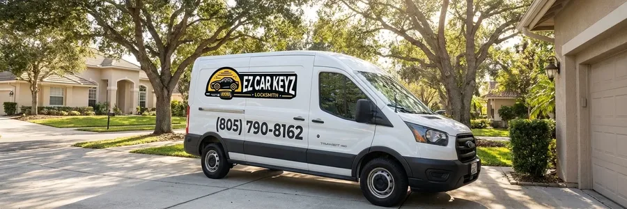 EZ Car Keyz van arriving at a suburban driveway for car key programming in Thousand Oaks