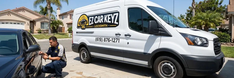 Mobile auto key specialist at car in Chula Vista suburban driveway