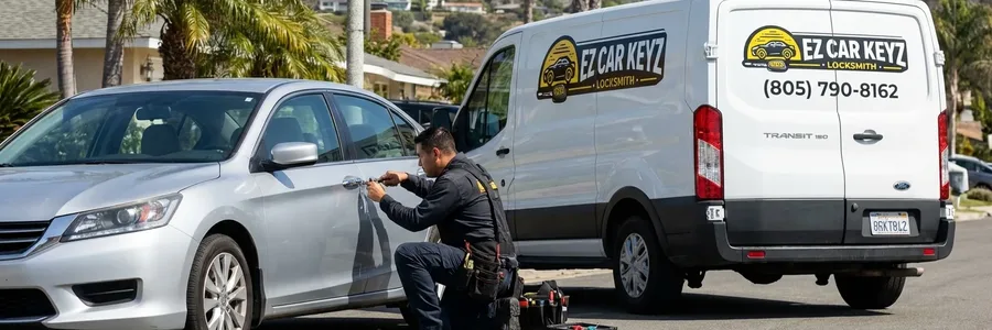 Customer waving from front porch after mobile auto key service in Ventura