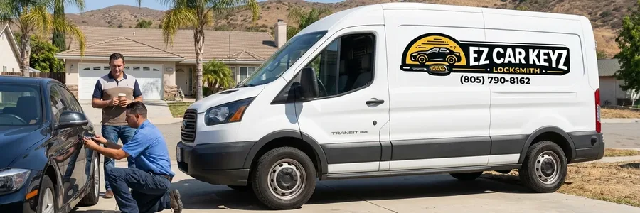 Customer watching automotive locksmith work at car in Moorpark driveway