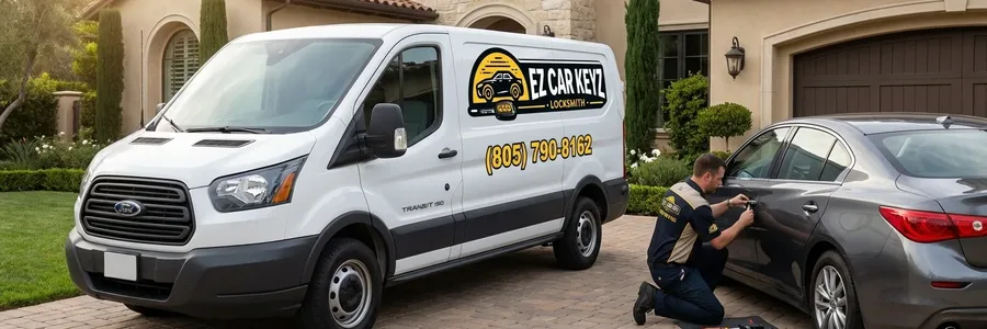 Premium auto locksmith working at sedan in upscale Westlake Village driveway