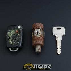 Salt-air corroded key fob and lock cylinder - Imperial Beach ocean-air wear and stiff doors