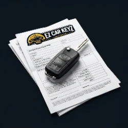 Used car dealership paperwork with a flip key at an Oxnard lot