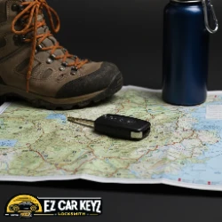 Hiking boot, trail map, and car key - Blue Sky Ecological Reserve and Lake Poway trailhead lockout