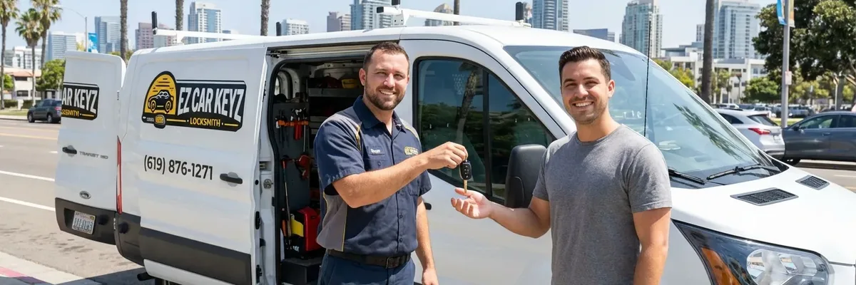 EZ Car Keyz locksmith with satisfied customer in La Mesa