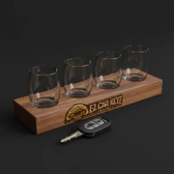 Beer flight glasses and a car key in the Vista Village brewery district