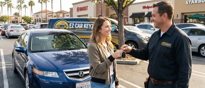 Customer with a replacement Acura TL car key from EZ Car Keyz in San Diego County