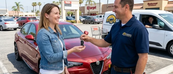 Customer with a replacement Alfa Romeo Giulia car key from EZ Car Keyz in San Diego County