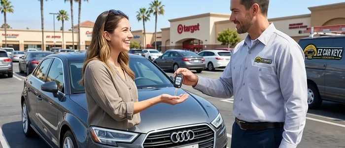 Customer with a replacement Audi A3 car key from EZ Car Keyz in San Diego County