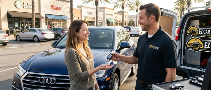 Customer with a replacement Audi Q5 car key from EZ Car Keyz in San Diego County