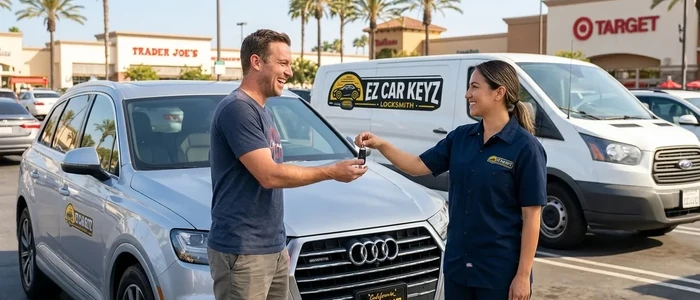Customer with a replacement Audi Q7 car key from EZ Car Keyz in San Diego County