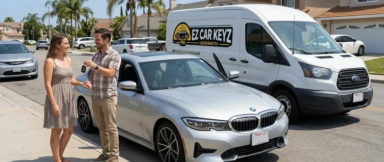 Happy customers with their replacement BMW 3 Series car key from EZ Car Keyz in San Diego County