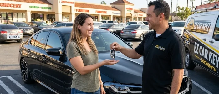 Customer with a replacement BMW M5 car key from EZ Car Keyz in San Diego County