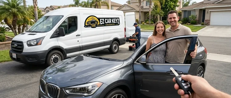 Happy customers with their replacement BMW X1 car key from EZ Car Keyz in San Diego County