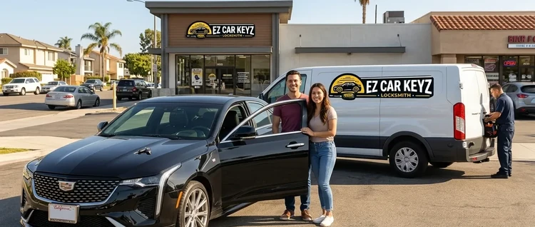Happy customers with their replacement Cadillac CT4 car key from EZ Car Keyz in San Diego County
