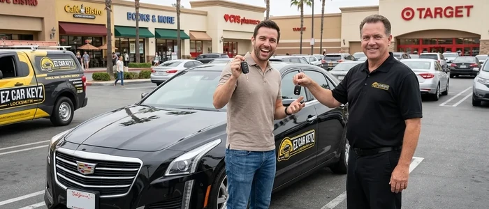 Customer with a replacement Cadillac CTS car key from EZ Car Keyz in San Diego County