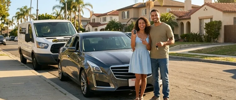 Happy customers with their replacement Cadillac CTS car key from EZ Car Keyz in San Diego County