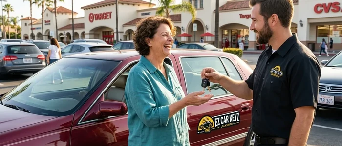 Customer with a replacement Cadillac Deville car key from EZ Car Keyz in San Diego County