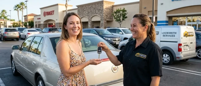 Customer with a replacement Cadillac Dts car key from EZ Car Keyz in San Diego County