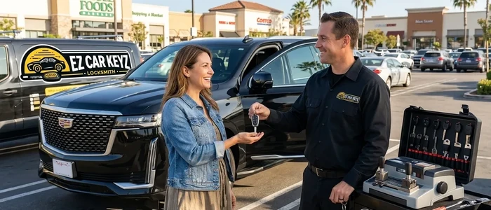 Customer with a replacement Cadillac Escalade car key from EZ Car Keyz in San Diego County