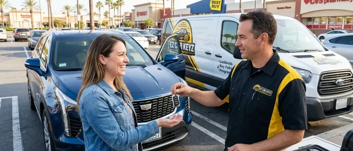 Customer with a replacement Cadillac XT4 car key from EZ Car Keyz in San Diego County
