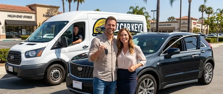 Happy customers with their replacement Cadillac XT4 car key from EZ Car Keyz in San Diego County