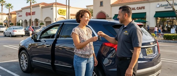 Customer with a replacement Cadillac XT5 car key from EZ Car Keyz in San Diego County