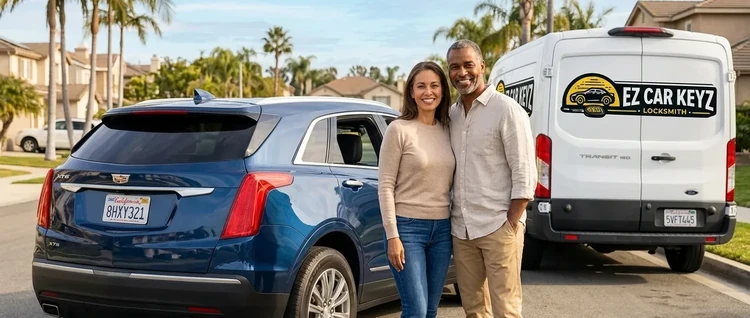 Happy customers with their replacement Cadillac XT5 car key from EZ Car Keyz in San Diego County