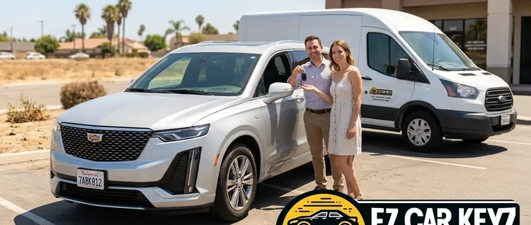 Happy customers with their replacement Cadillac XT6 car key from EZ Car Keyz in San Diego County