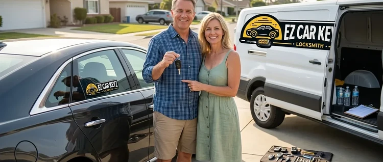 Happy customers with their replacement Cadillac XTS car key from EZ Car Keyz in San Diego County