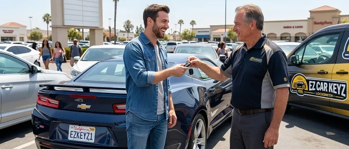Customer with a replacement Chevrolet Camaro car key from EZ Car Keyz in San Diego County