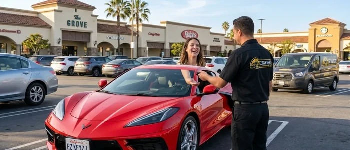 Customer with a replacement Chevrolet Corvette car key from EZ Car Keyz in San Diego County