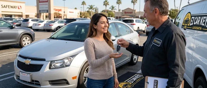 Customer with a replacement Chevrolet Cruze car key from EZ Car Keyz in San Diego County