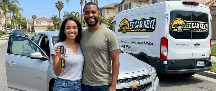 Happy customers with their replacement Chevrolet Malibu car key from EZ Car Keyz in San Diego County