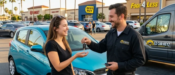 Customer with a replacement Chevrolet Spark car key from EZ Car Keyz in San Diego County