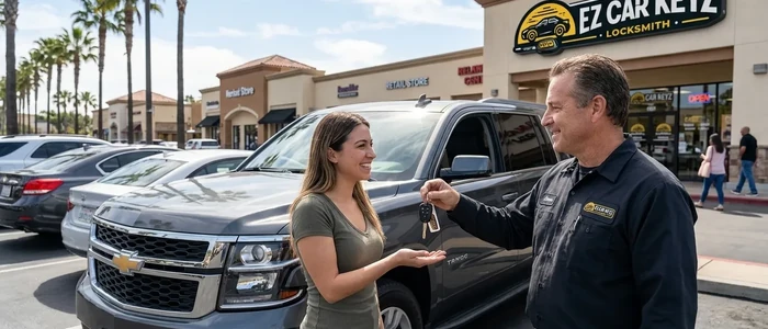Customer with a replacement Chevrolet Tahoe car key from EZ Car Keyz in San Diego County