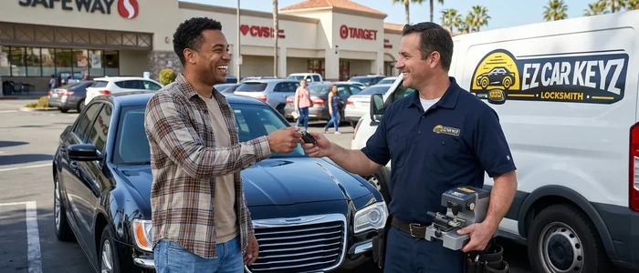 Customer with a replacement Chrysler 300 car key from EZ Car Keyz in San Diego County